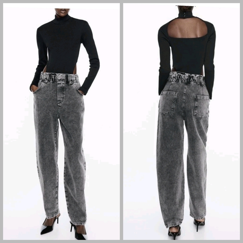 ZARA Combo Baggy Denim Jumpsuit Black Backless Preppy Festival Grunge Sz Small